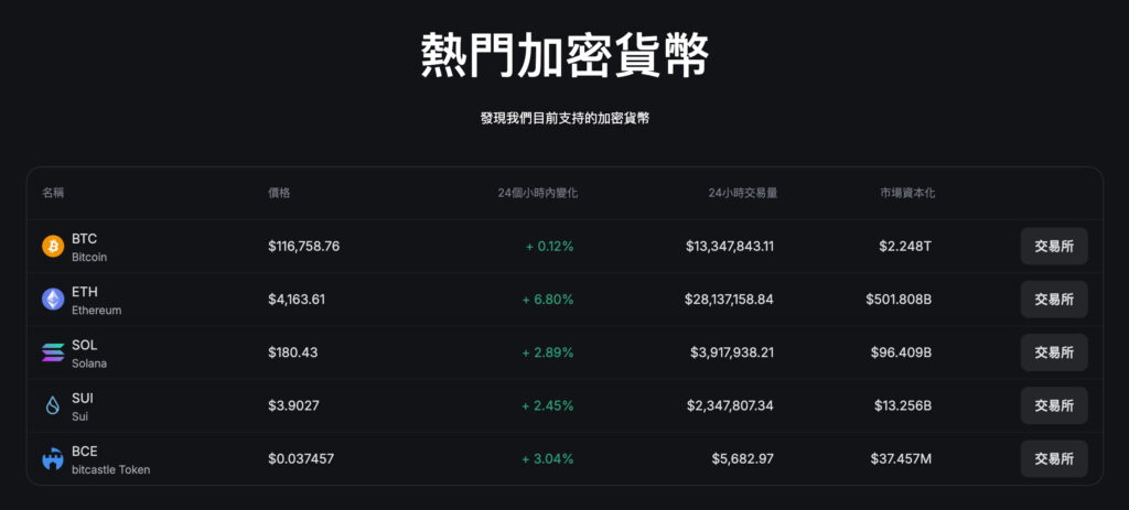Bitcastle 豐富的加密貨幣選擇